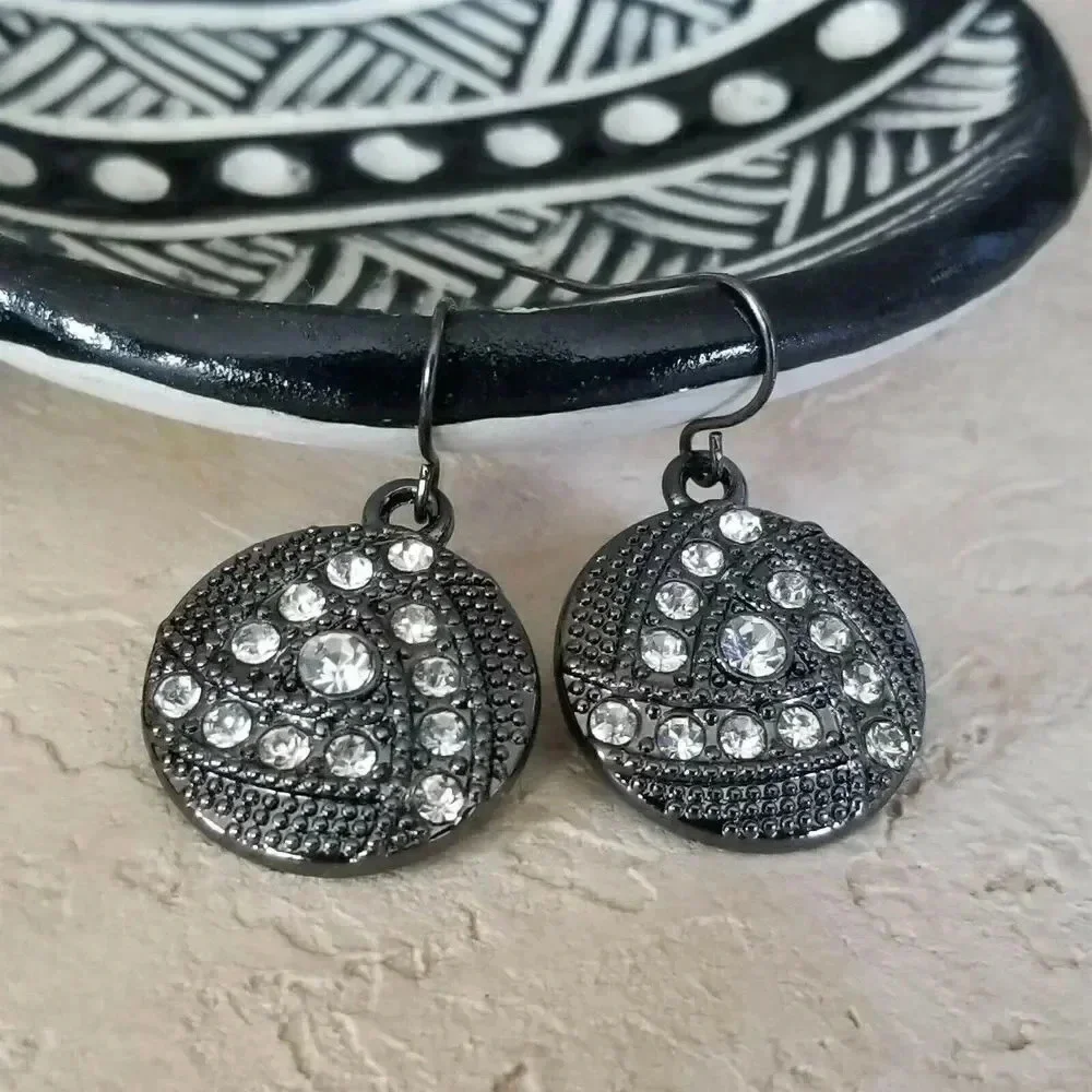 Edgy Gunmetal Gray Black Austrian Crystal Circle Inner Triangle Dangle Earrings